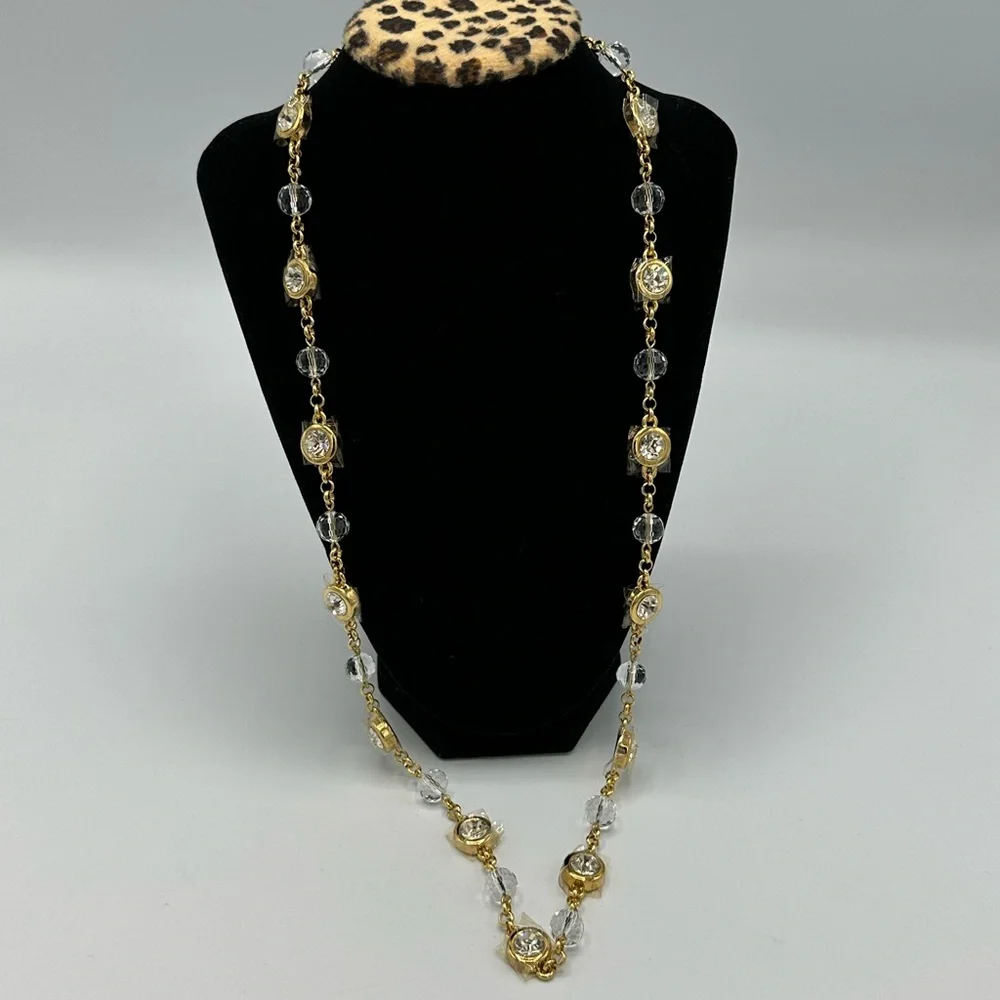 Camrose and Kross Goldtone Faceted Crystal Bezel Set Chain Necklace NIB COA